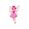 Cute fairy or pixie with magic wand, pink hair and dress, cartoon flat vector illustration isolated on white background.