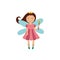 Cute fairy princess with magic wand and gold crown flying and smiling