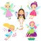 Cute fairy set. Beautiful girl in fying fairy costumes. Winged elf princesses in cartoon style