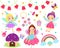 Cute Fairy set. Collection of cartoon fairy tale design elements. Elf, flowers, mushrooms and other clip art for children girls