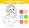 Cute fairy sit on mushroom. Coloring page for kids. Educational children game. Color by numbers activity