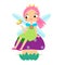 Cute fairy sitting on mushroom. Cartoon little flying fairy, pixie, elf character