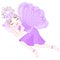 Cute fairy in violet dress with wings is sleeping