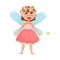 Cute fairy with wings in a magnificent pink dress. Vector illustration on a white background.