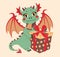Cute fairytale dragon with Christmas present box. Symbol of Chinese New Year 2024