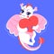 Cute fairytale dragon with red heart in flat modern style. Symbol of Chinese New Year 2024