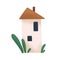 Cute fairytale home, medieval tower with chimney, windows. Small tiny fairy tale house with plants. Outside of fantasy