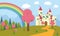 Cute Fairytale Landscape with Castle and Rainbow