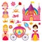 Cute fairytale princess, pink carriage, crown, castle, cartoon little girl tiara vector set