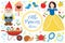 Cute fairytale princess snow white set objects. Collection design element with a little pretty girl, gnome, apple