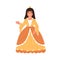 Cute fairytale princess waving hand. Little girl dressed in poufy gown like queen for costumed carnival, kids party