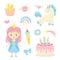 Cute fairytale set with little princess, baby unicorn, rainbow, cake, gift and other magic elements