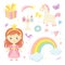 Cute fairytale set with little princess, baby unicorn, rainbow, cupcakes, gift and other magic elements