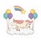 Cute fairytale unicorn with balloons helium and rainbow