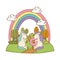 Cute fairytale unicorns with rainbow in the field