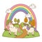 Cute fairytale unicorns with rainbow in the field