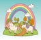 Cute fairytale unicorns with rainbow in the landscape
