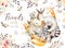 Cute family baby fox, deer animal nursery cat, giraffe, squirrel, and bear isolated illustration. Watercolor boho raccon