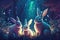 Cute family Easter bunnies in magical forest with sparkling fireflies and bright colors, illustration style like in a fairy tale