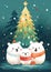 Cute family polar bears with Christmas tree on background. Christmas greeting card illustration