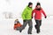 Cute Family Pulling Sledge Through Snowy Landscape