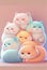 Cute family of small fluffy kittens in pastel colors on a light background. AI Generated