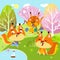 Cute family of squirrels in spring. Background with flowering trees. Hand drawn full color children illustration. Vector