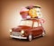 Cute fantastic chocolade car with sweets and coffee on top