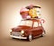 Cute fantastic chocolade car with sweets and coffee on top