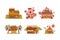 Cute fantasy candy houses with candies and decorations set. Festive gingerbread cake cottages cartoon vector