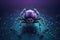 A cute fantasy purple spider standing on the center of its web on a blue background. Created with Generative AI