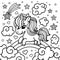 Cute fantasy unicorn on a rainbow among the clouds. Black and white. Vector