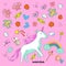 Cute fantasy unicorn. Vector illustration with rainbow, princess elements, flowers, hearts, diamonds. For kids pattern