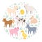 Cute farm animals cow, pig, lamb, donkey, bunny, chick, horse, goat, duck isolated. Domestic animals kid set in round