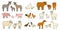 Cute farm animals families isolated on white background. Vector cartoon outline doodle animals collection: donkey goose cow ox pig