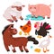 Cute farm animals and pets set, isolated domestic funny characters from village farmyard