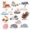 Cute farm animals set. Collection of cartoon vector drawings in flat style. Donkey, goat, horse, sheep, pig, cow, turkey, duck, ro