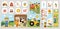 Cute farm cards set with farmer, barn, animals and birds. Vector country village square, round, vertical print templates.