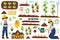 Cute farm collection with kids working in the garden. Agriculture and gardening set