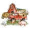 Cute farm house with fall red truck, Rustic vintage animals illustration. Goose, chicken, pig, haystack