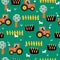 Cute farm pattern with tractors, carrots, fence, apple trees and cats. Repeating seamless vector background for kids