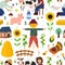 Cute farm seamless pattern with scarecrow, pig, cow, kids farmers. Funny countryside background