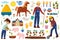 Cute farm set with animals and kids farmers. Agriculture collection