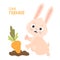 Cute farmer. Happy rabbit in garden bed with carrots. Harvesting, funny farmer. Vector illustration for kids collection