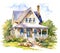 Cute farmhouse exterior with front yard flower bed. Colorful watercolour or aquarelle painting illustration. Created with