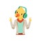 Cute fashion duck chick guy character listening music with headphones, hipster bird flat vector illustration