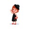 Cute fashion girl in black polka-dot dress, hat and red handbag. Official evening clothes. Female model character waving