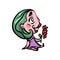 Cute fashion girl with green hair take red flowers