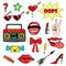 Cute fashion patch badges with lips, hand,tape recorder, shoes, glasses, heart and other elements. Trendy, modern design