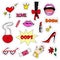 Cute fashion patch badges with lips, heart, mouth, crown, lipstick, key, hands